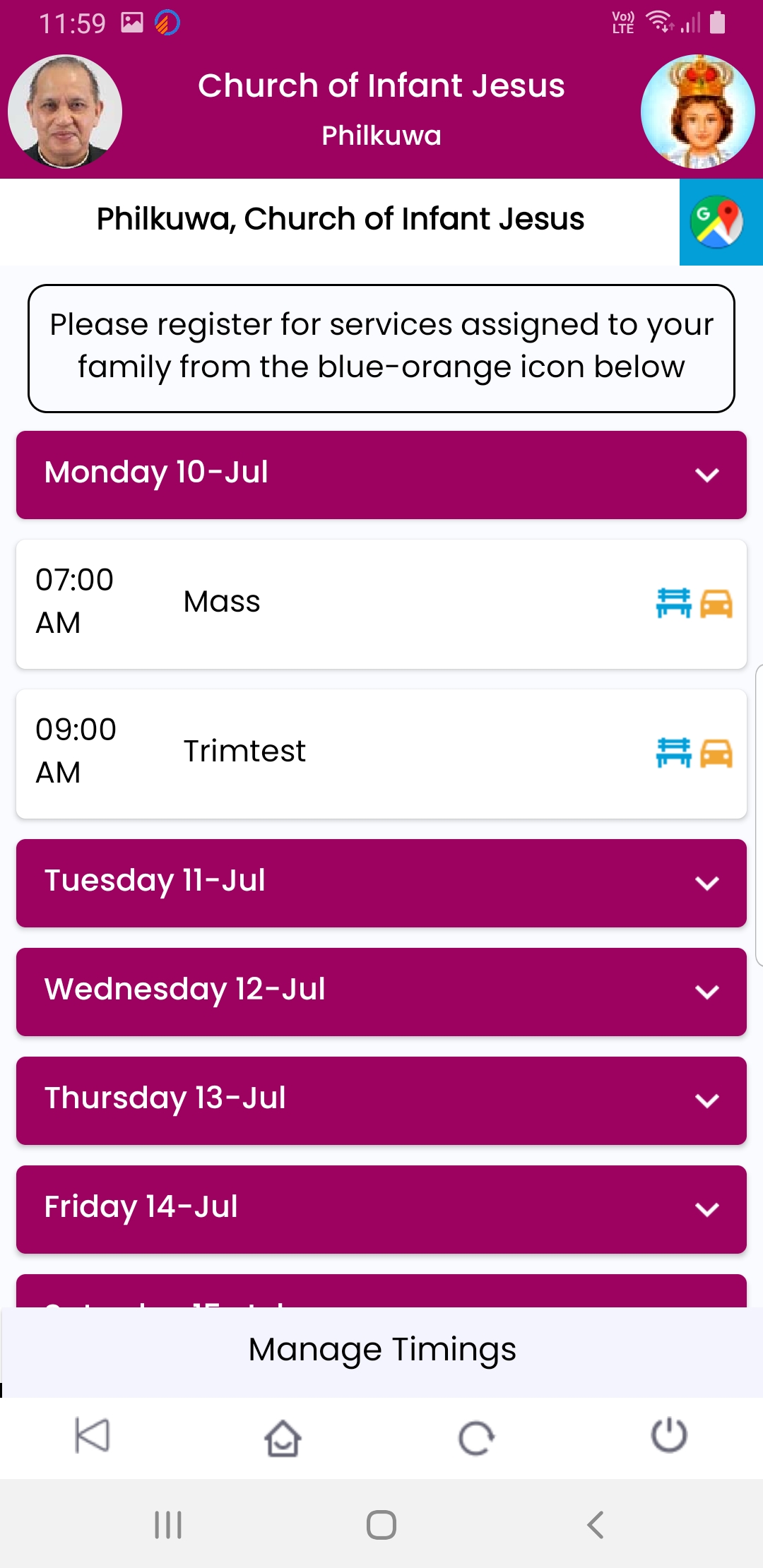 Parish mobile app with priest listing